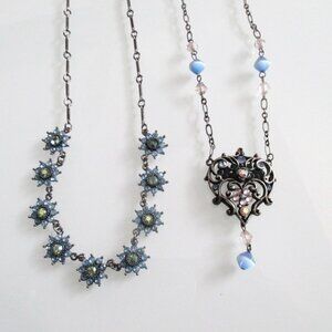 2 Whimsigoth Necklaces Blue Flowers, Art Nouveau